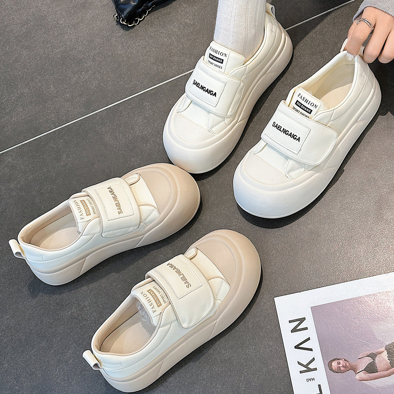 夏发女鞋2024春季真皮松糕厚底魔术贴小白面包饼干鞋运动休闲单鞋