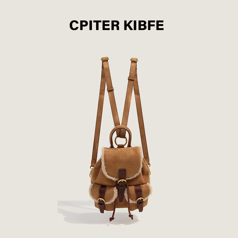 新款复古美拉德包包女小巧仿麂皮绒口袋背包百搭羊羔毛双肩包包潮