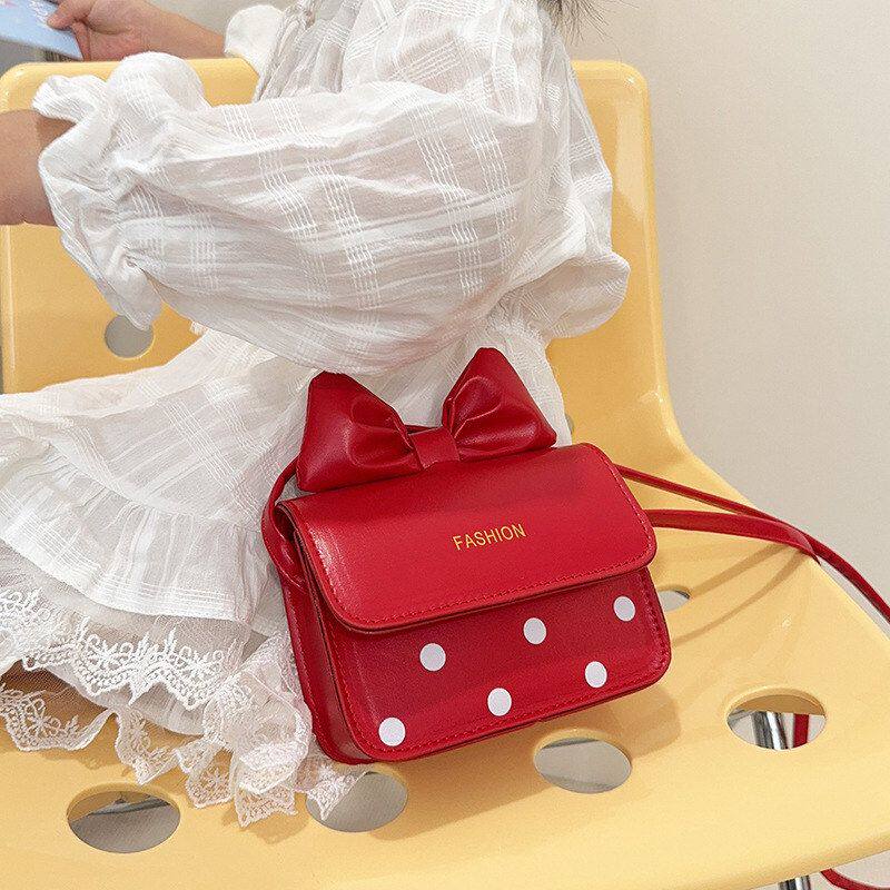 韩版ins蝴蝶结女童小方包PU皮质感简约斜挎包时尚波点小众单肩包