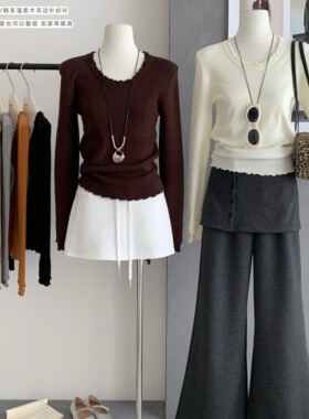 ibell绵羊毛法式木耳边针织衫设计感圆领长袖正肩打底衫女