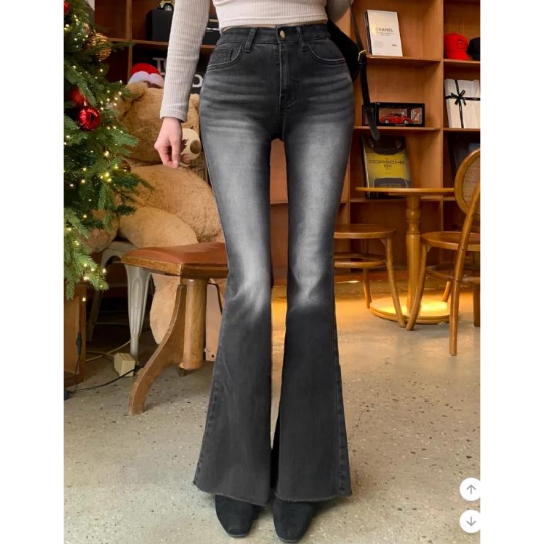 韩东大门舒适女装性感丰胯裤腰细胯垫显瘦显高牛仔喇叭裤微喇长裤