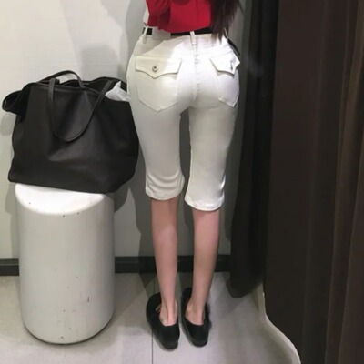 韩系百搭capri高腰弹力中裤女口袋七分裤紧身休闲裤