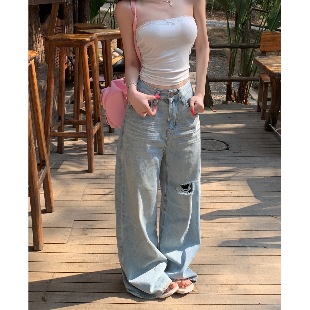 抹胸纯欲蕾丝边裹胸上衣女猫须破洞宽松阔腿长裤牛仔裤