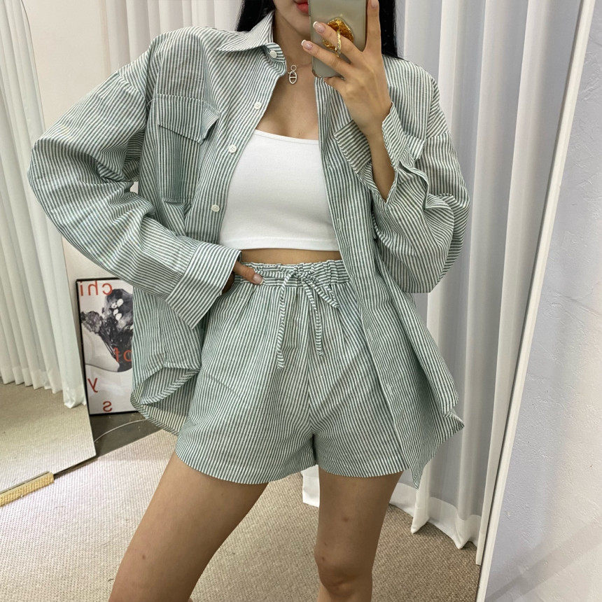 韩国东大门时尚舒适新品潮流女装空波纹条纹套装  两件套
