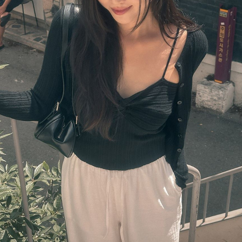 韩国东大门新款气质修身显身材针织吊带背心长袖开衫T恤两件套女,女装/女士精品,毛针织衫,淘宝优惠券,粉丝福利购,淘宝优惠卷