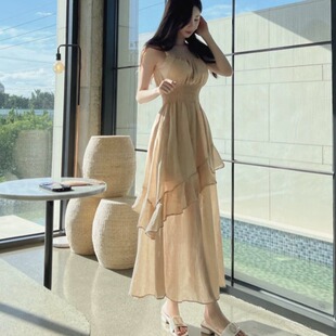 韩东大门时尚舒适新品女装方领收腰显瘦减龄荷叶边吊带无袖连衣裙