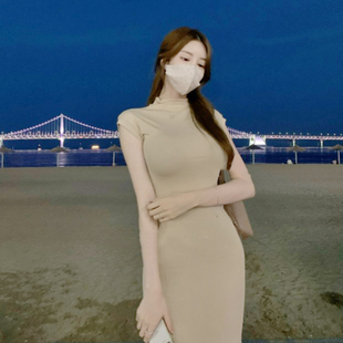 韩东大门时尚舒适新品女装开叉修身显瘦复古包臀长裙背心连衣裙