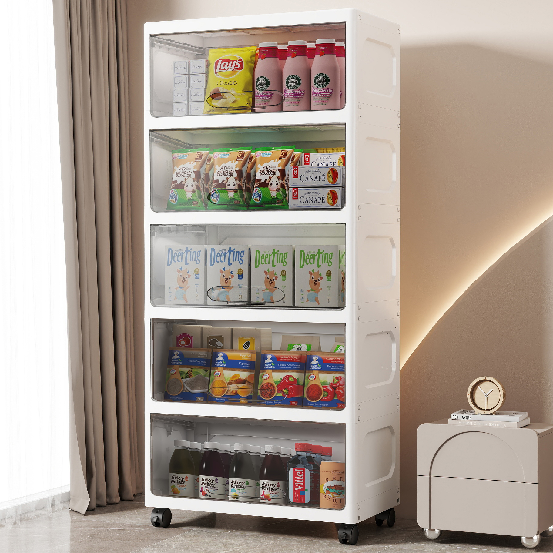 厨房翻盖置物架卫生间浴室透明收纳架客厅移动零食收纳柜储物柜子