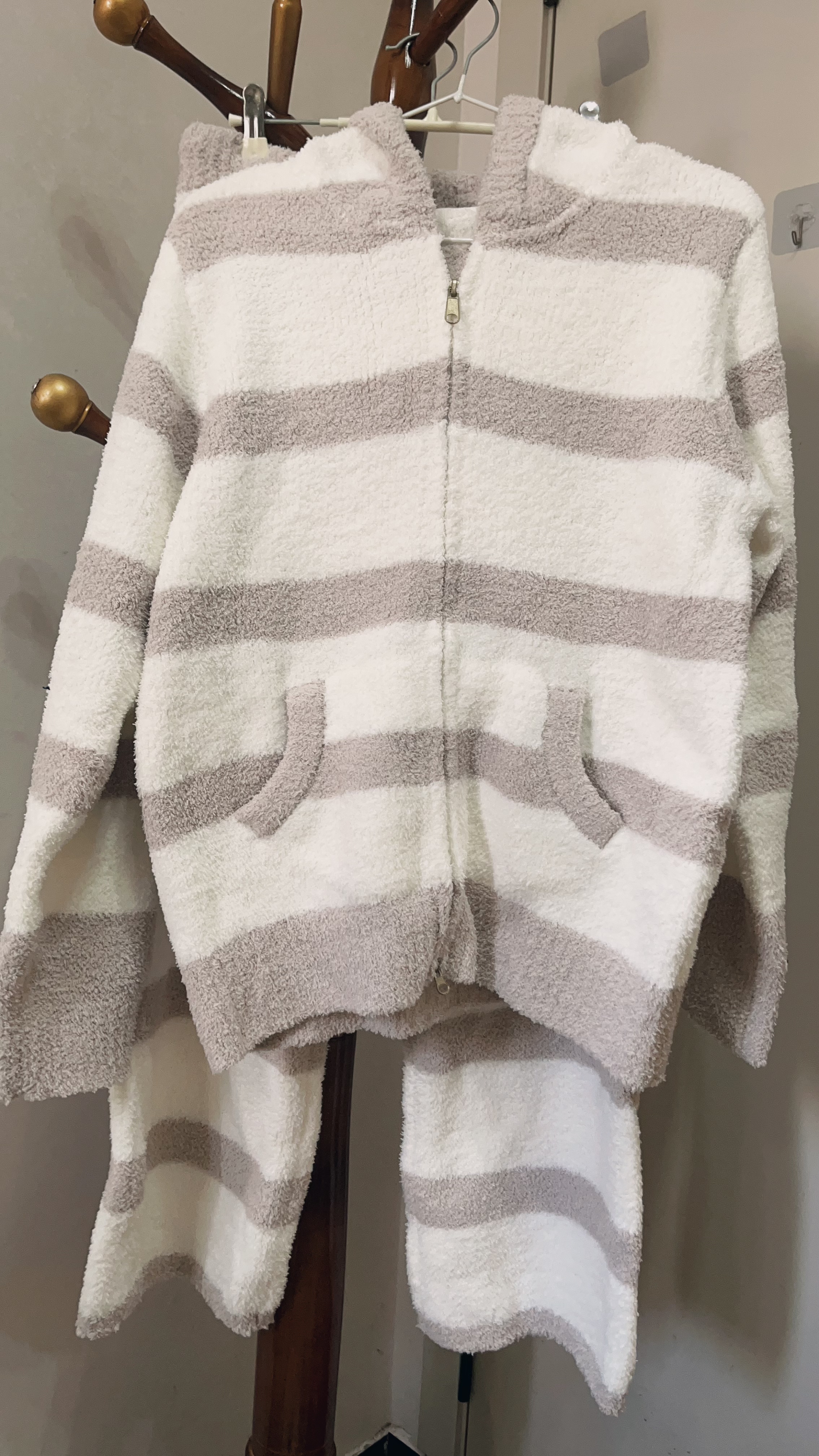 撞色条纹连帽针织睡衣女秋冬款加睡衣/家居服套装