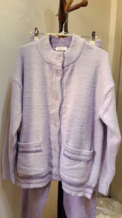 曼妮芬秋冬新款紫色雪尼尔绒感女士圆领长袖长裤家居服套装