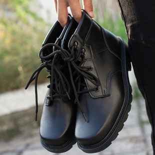 冬天男真皮钢头大码单靴保安羊毛保暖马丁靴加绒作战靴部队棉皮鞋