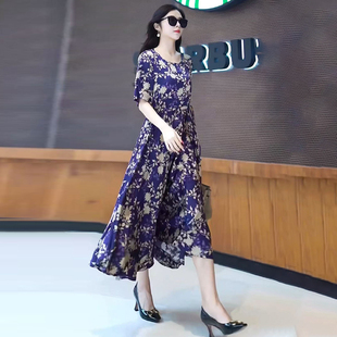 法式气质碎花大码连衣裙2025夏季新款收腰抽绳显瘦A字大摆长裙子
