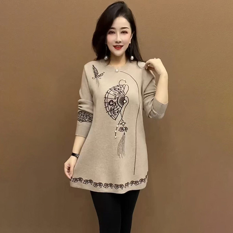 高档针织大版衫2025秋冬新款宽松时尚大码遮肚子烫钻妈妈打底裙子,女装/女士精品,毛针织衫,淘宝优惠券,粉丝福利购,淘宝优惠卷