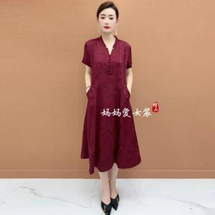 50岁妈妈装桑蚕丝连衣裙中老年人香云纱夏装短袖真丝大码过膝裙子