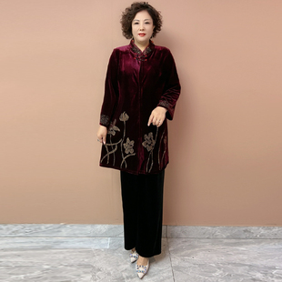 金丝绒中长款 宽松大码 风衣女 中老年妈妈外套2025春秋装 复古新中式