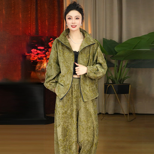 2026春秋新款休闲立领宽松遮肉显瘦烧花时尚开衫大码年轻妈妈套装
