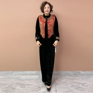秋冬中年妈妈国风洋气丝绒加厚夹棉马夹时尚宽松大码马甲坎肩套装