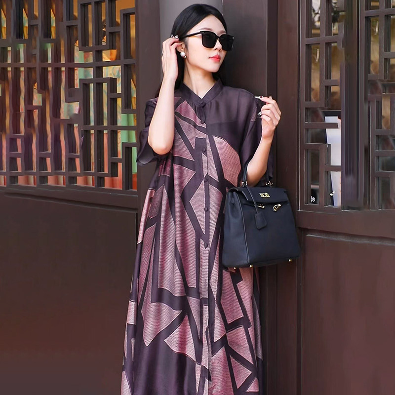 2025夏季大码新中式国风天丝印花长款开衫外搭宽松阔腿裤两件套装