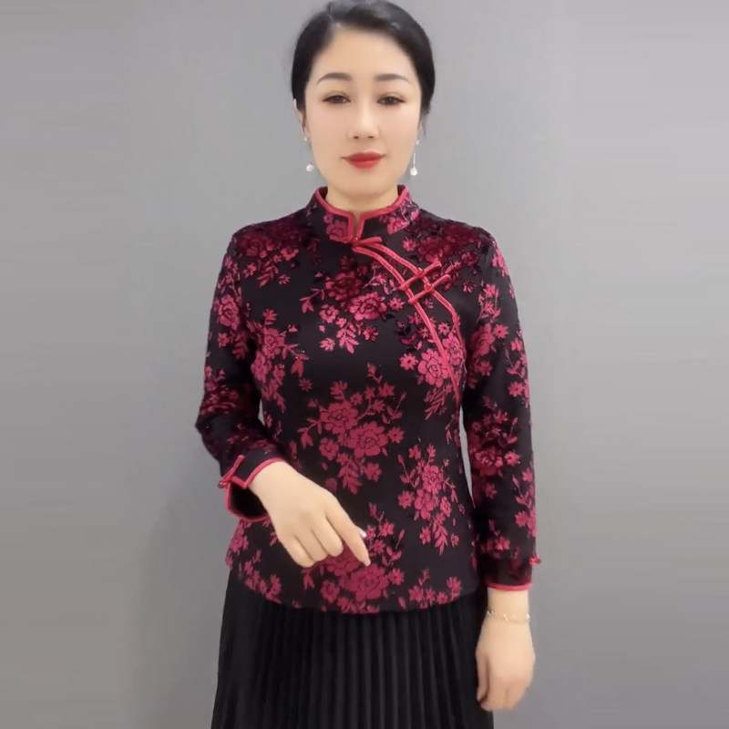气质妈妈旗袍衫秋冬新款高档植绒改良唐装偏襟上衣加厚打底体恤女