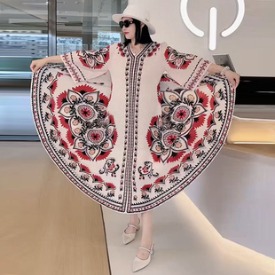 夏季新款大码气质时尚七分防晒袖法式褶皱连衣裙太阳花中长款裙子