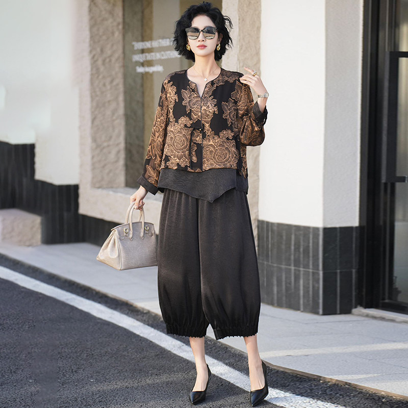 复古大码高级感醋酸人丝提花假两件遮肚显瘦上衣宽松阔腿裤两件套