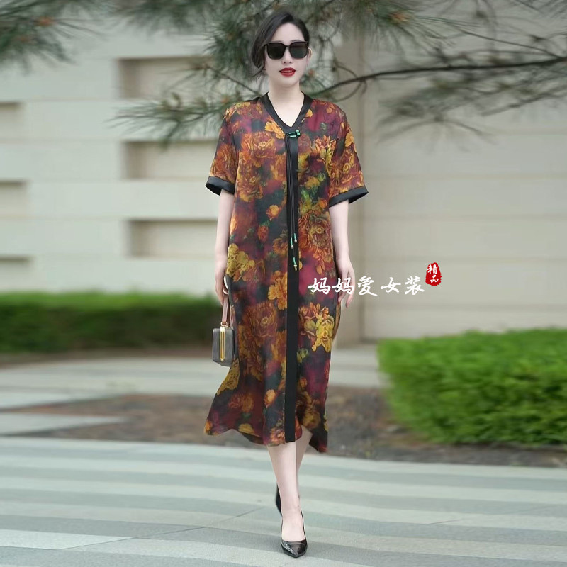 高品质!气质妈妈醋酸真丝连衣裙