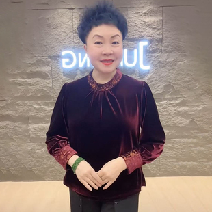 高品质妈妈真丝绒上衣秋冬新款国风刺绣款大码遮肉显瘦长袖体恤女