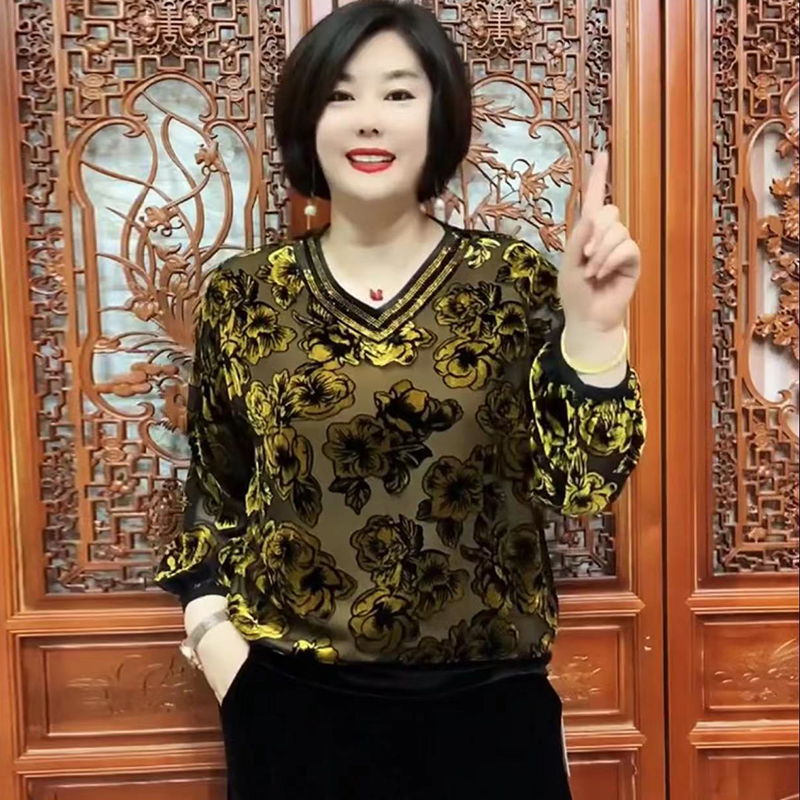 真丝绒时尚套装春秋新款气质妈妈提绒海棠图V领长袖上衣配小脚裤