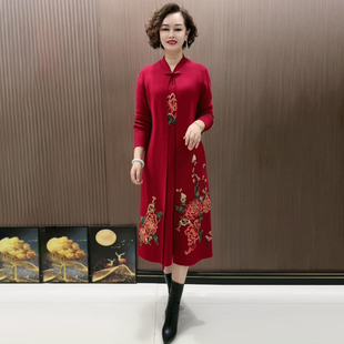 喜婆婆针织绣花假两件套长款羊毛裙中老年女士婚宴毛衣裙刺绣外套
