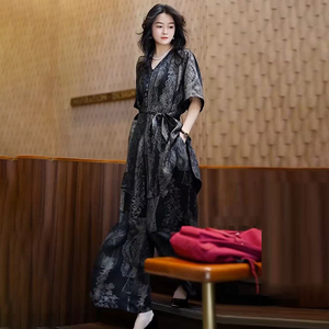 复古夏季套装真丝设计感印花中长款衬衫阔腿裤时尚减龄大码两件套