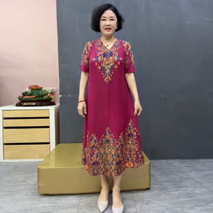 冰丝褶皱弹力连衣裙短袖宽松遮肉大码夏季短袖妈妈装洋气印花长裙