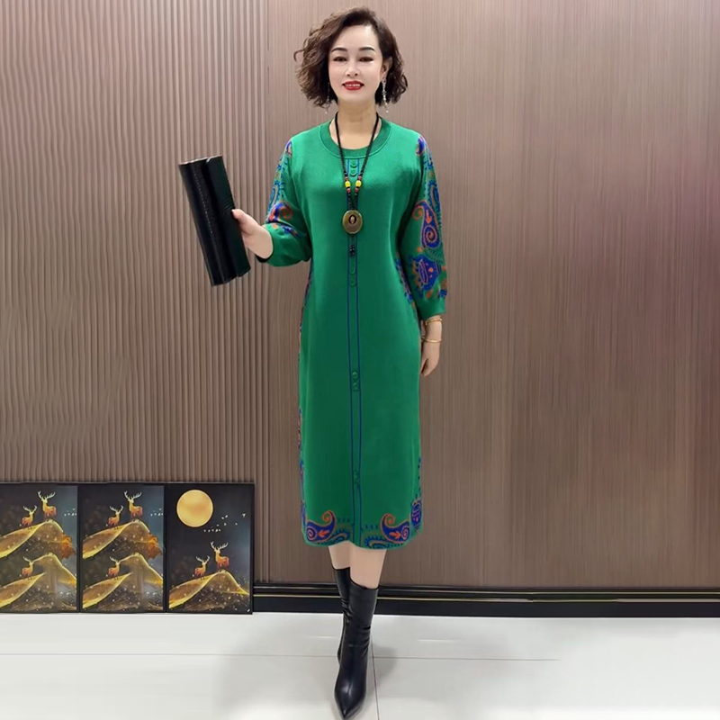 时尚妈妈针织连衣裙花色毛衣长裙