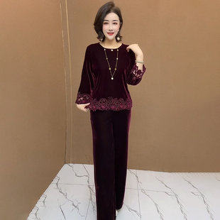 秋季复古大码金丝绒洋气宽松遮肚上衣阔腿裤减龄气质显瘦两件套装