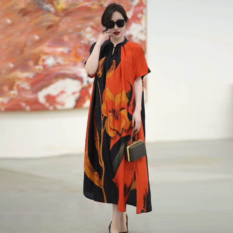 高级感贵夫人阔太太洋气显瘦印花连衣裙胖MM宽松大码长裙夏季女装