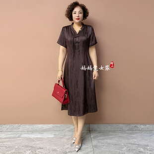 新中式高档夏季中老年妈妈气质真丝旗袍连衣裙宽松大码过膝长裙子