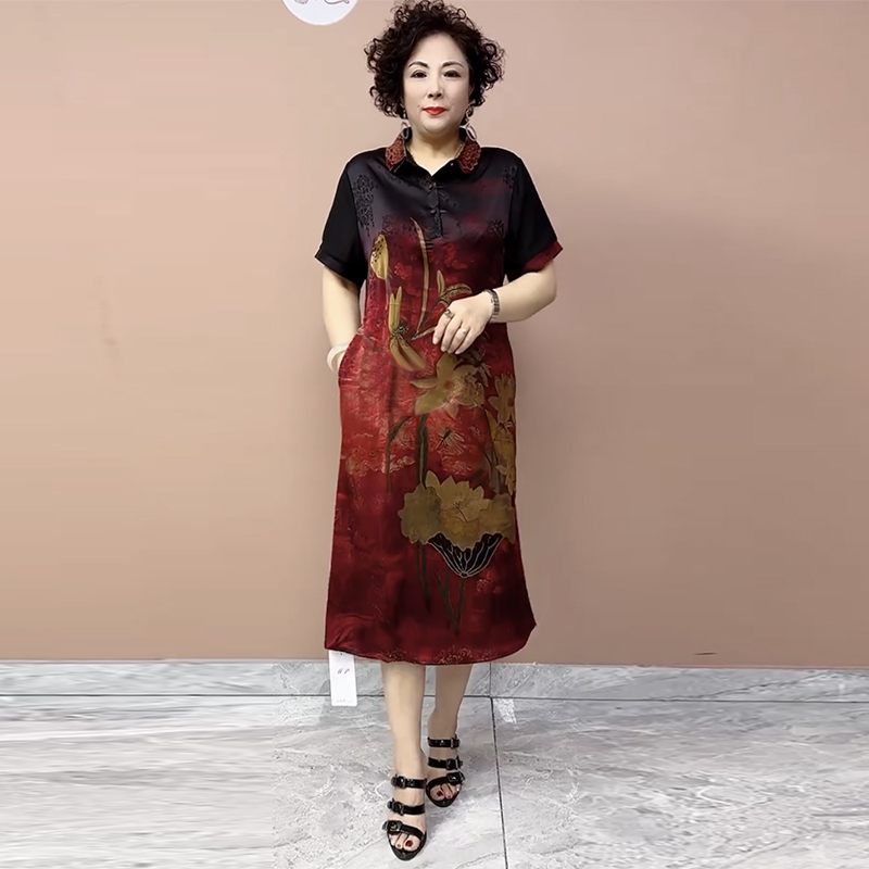 衬衫裙真丝定位花妈妈大码连衣裙