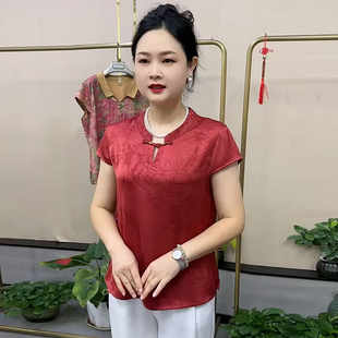 中老年妈妈夏真丝富贵竹提花上衣短袖旗袍衫宽松遮肉洋气t恤小衫