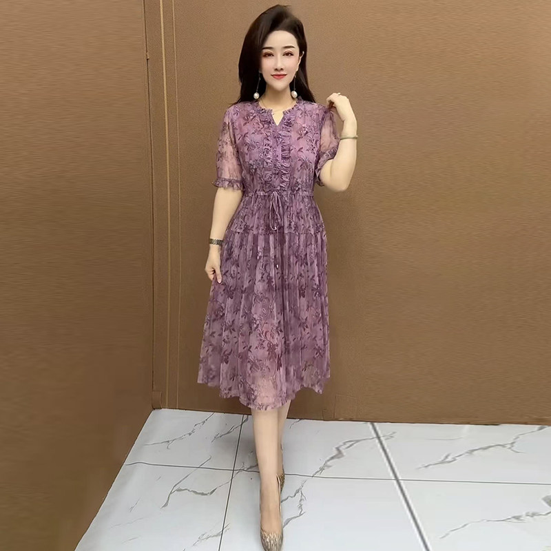 2025夏季新款女士时尚洋气连衣裙大码显瘦妈妈装弹力雪纺碎花裙子,女装/女士精品,连衣裙,淘宝优惠券,粉丝福利购,淘宝优惠卷