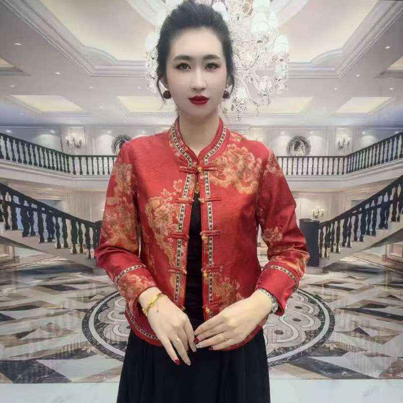 早春新款中年妈妈新中式改良旗袍上衣真丝云锦缎长袖显瘦开衫外套