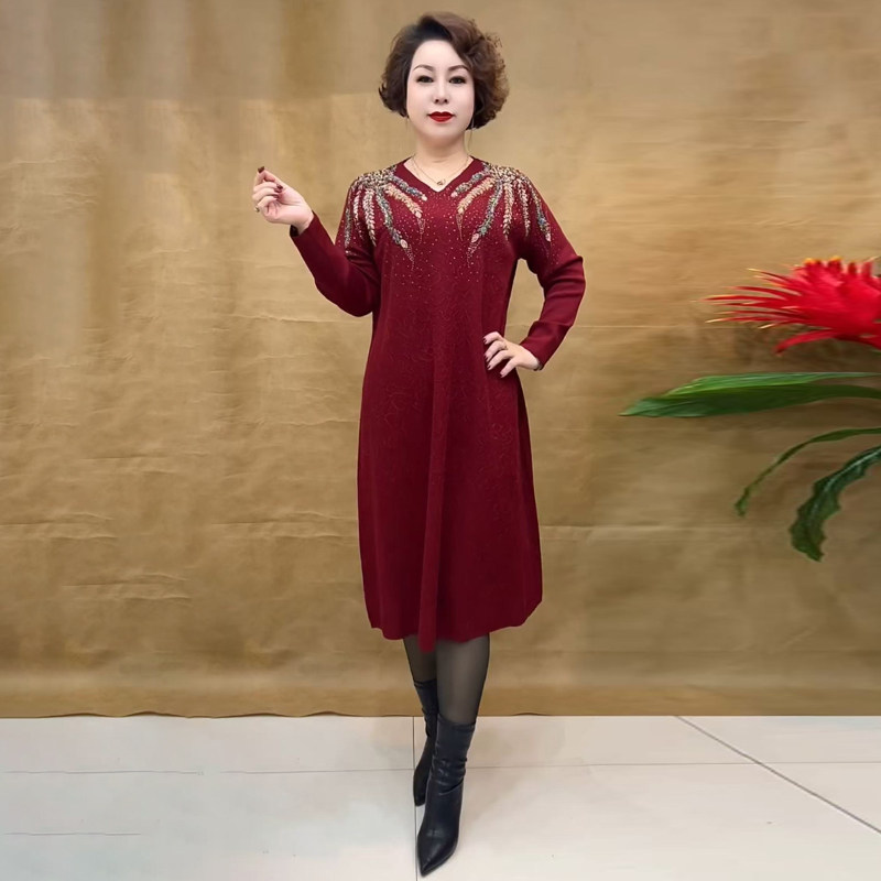 气质妈妈镶钻连衣裙喜婆婆长裙子