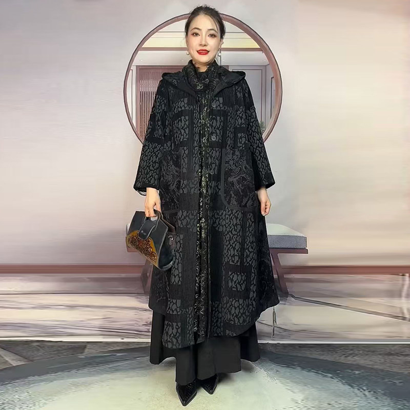 高品质!气质妈妈连帽羊绒大衣女