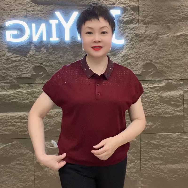 高品质!气质妈妈翻领镶钻针织衫