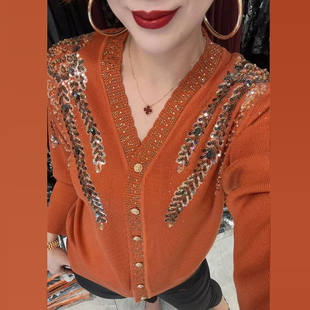 重工烫钻手工串珠针织开衫宽松舒适妈妈毛衣时尚休闲百搭减龄外套