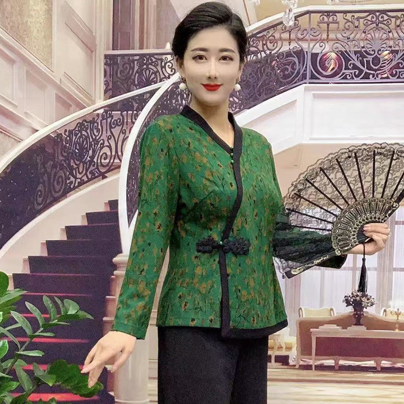 2022秋冬新款复古旗袍上衣V领长袖盘扣中式妈妈遮肉显瘦打底小衫