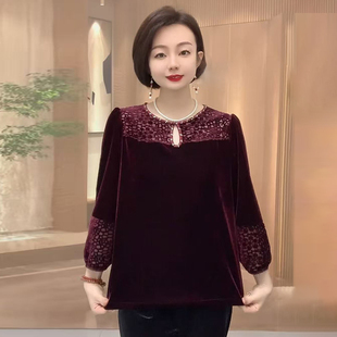 2025春秋新款中老年圆领九分袖真丝绒烧花大码金丝绒妈妈装上衣女