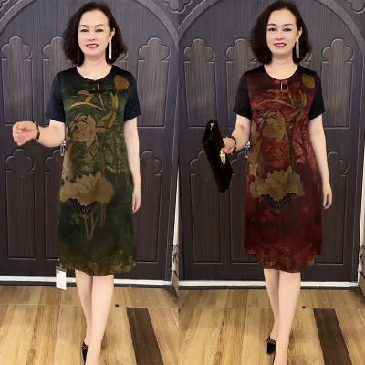 复古真丝旗袍裙桑蚕丝妈妈连衣裙