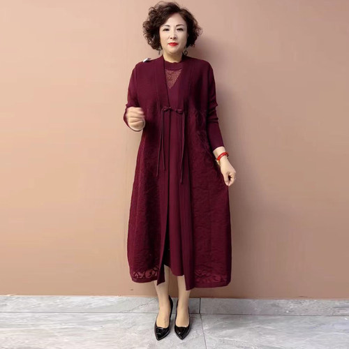 冰麻针织开衫外披+连衣裙两件套