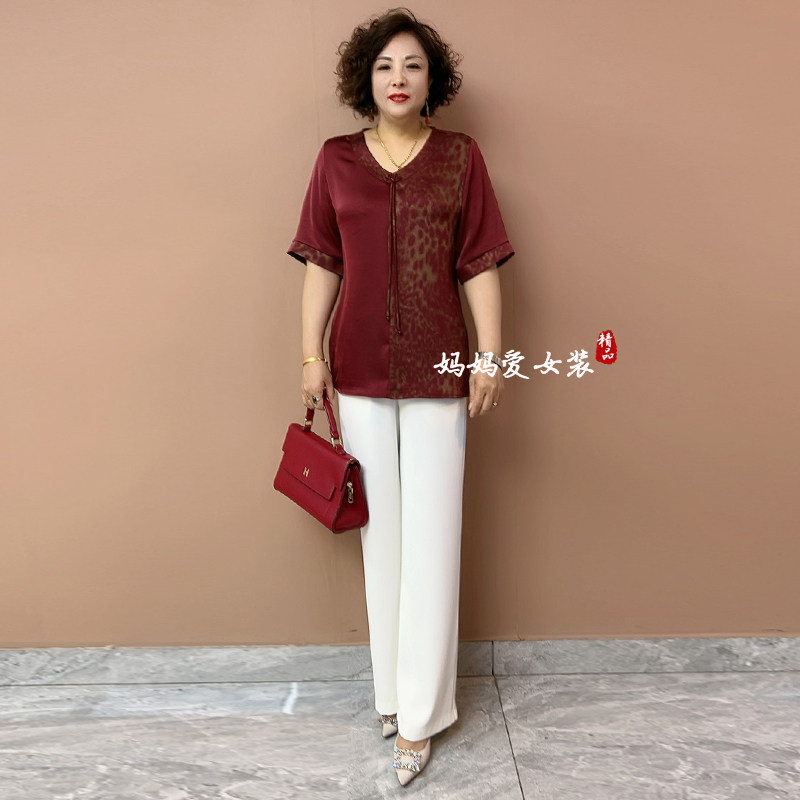 夏季国风真丝妈妈装洋气大码衬衫气质短款洋气宽松遮肉旗袍衫上衣
