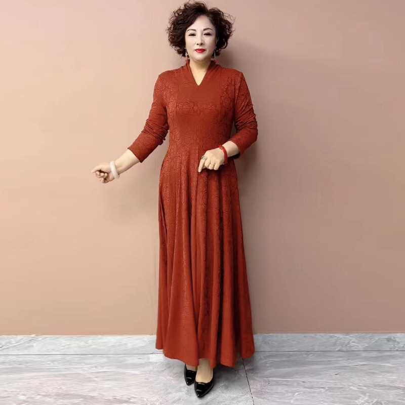 天丝提花弹力大摆裙妈妈长裙子