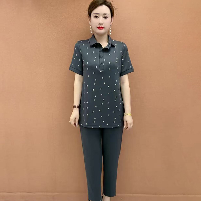2025夏季翻领短袖两件套装女遮肉显瘦时尚气质休闲百搭中老年女装